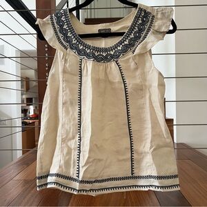 Ivory Sleeveless Top with Navy Embroidery